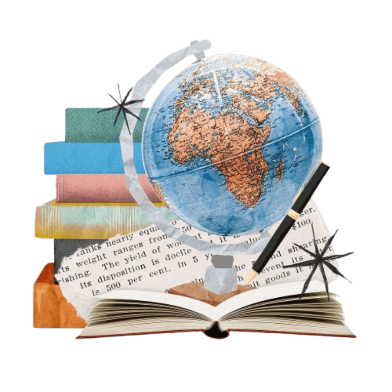 Illustration of books and a globe for challenge-based learning